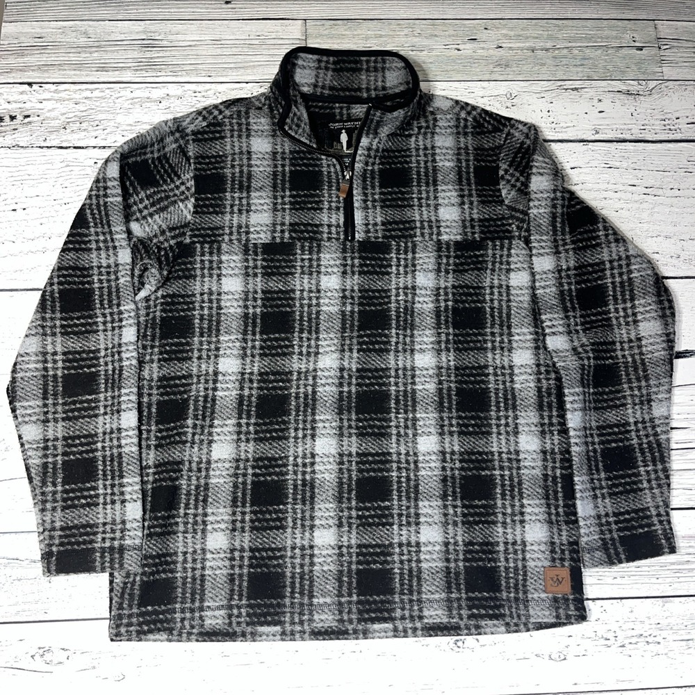 John Wayne Stock & Supply Plaid Fleece Pull over 1/4 Zip Sz Medium Gray Black‎